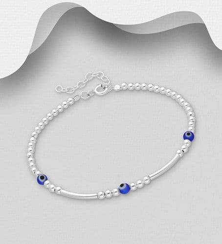 925 Sterling Silver Ball Bracelet Set With Blue Beads